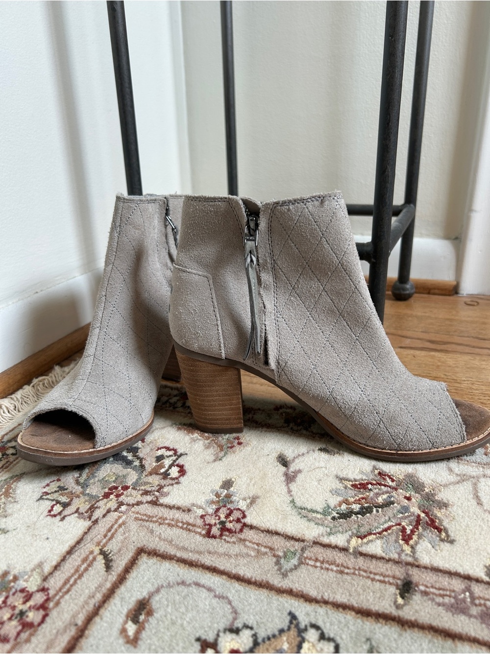 Toms Taupe Suede Quilted Open-Toe Ankle Booties